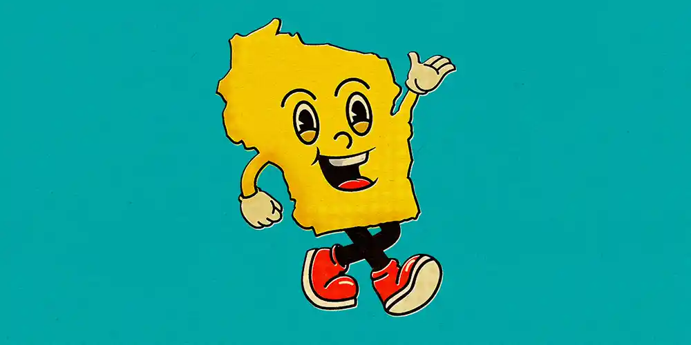 Cartoon character of the State of Wisconsin as a peince of cheese walking